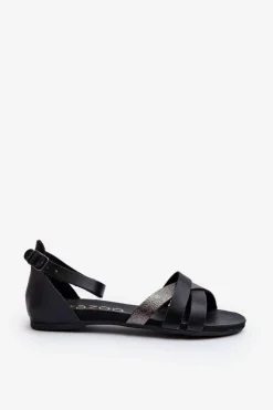 Damskie Zazoo 40225 Skórzane Sandały Na Płaskim Obcasie Czarne