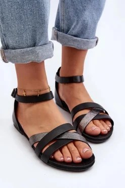 Damskie Zazoo 40225 Skórzane Sandały Na Płaskim Obcasie Czarne