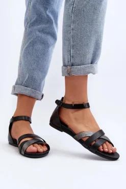 Damskie Zazoo 40225 Skórzane Sandały Na Płaskim Obcasie Czarne