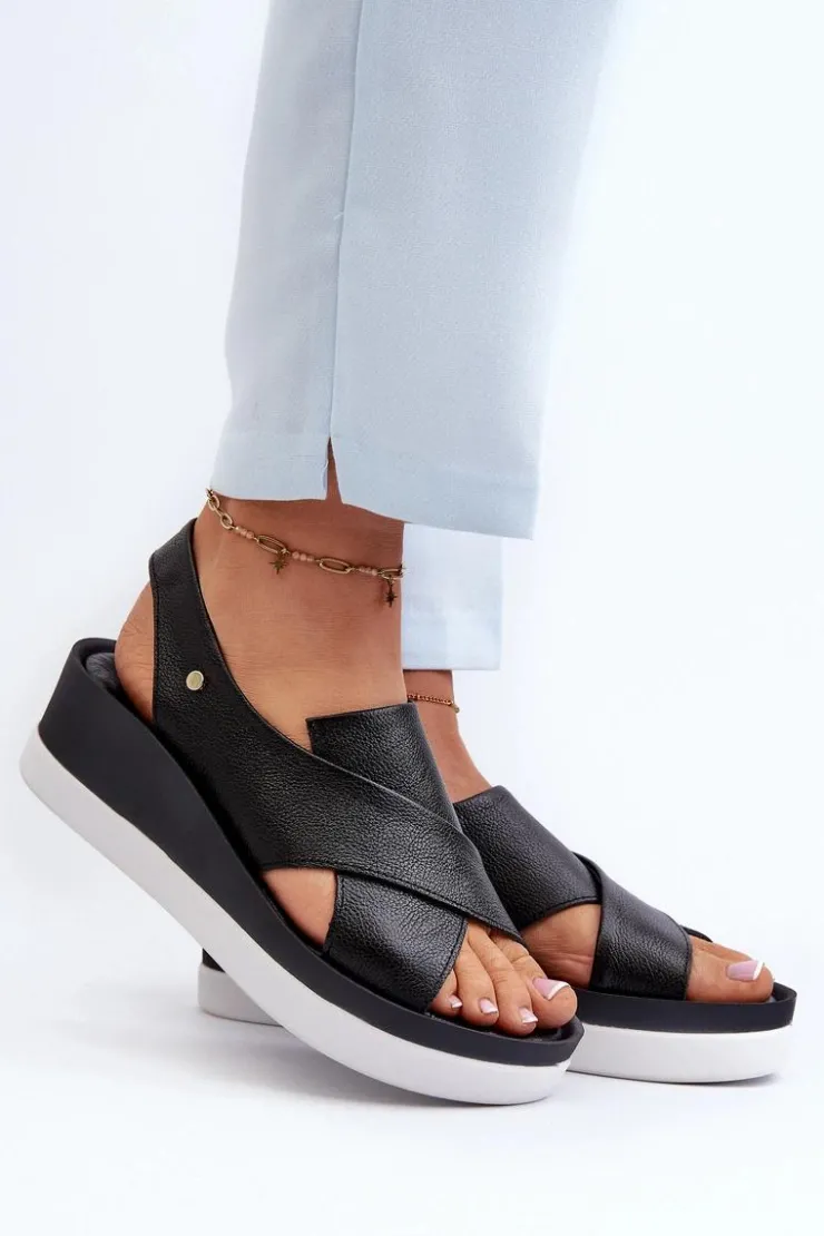 New Zazoo 40256 Skórzane Sandały Na Koturnie Czarne Czarny