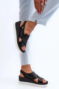 New Zazoo 40256 Skórzane Sandały Na Koturnie Czarne Czarny