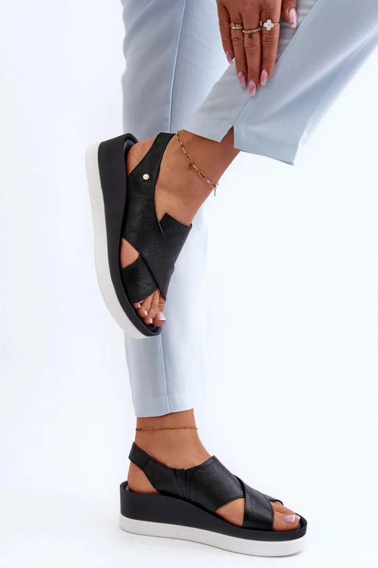 New Zazoo 40256 Skórzane Sandały Na Koturnie Czarne Czarny