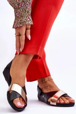 Online Zazoo 40141 Skórzane Sandały Na Rzep Czarno-Złote