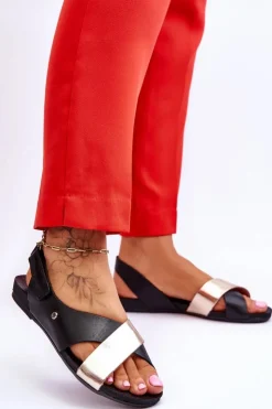 Online Zazoo 40141 Skórzane Sandały Na Rzep Czarno-Złote