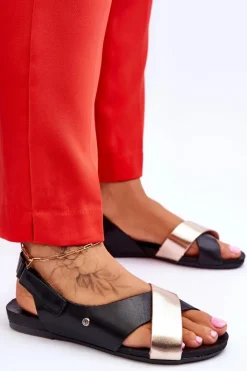 Online Zazoo 40141 Skórzane Sandały Na Rzep Czarno-Złote