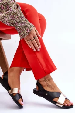 Online Zazoo 40141 Skórzane Sandały Na Rzep Czarno-Złote