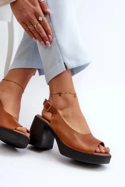 Damskie Zazoo 40376 Skórzane Sandały Na Masywnym Obcasie Brązowe