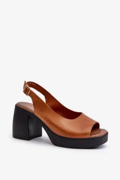 Damskie Zazoo 40376 Skórzane Sandały Na Masywnym Obcasie Brązowe