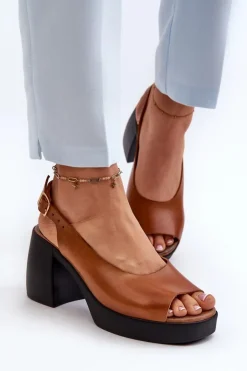 Damskie Zazoo 40376 Skórzane Sandały Na Masywnym Obcasie Brązowe