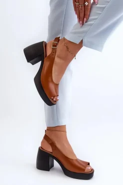 Damskie Zazoo 40376 Skórzane Sandały Na Masywnym Obcasie Brązowe