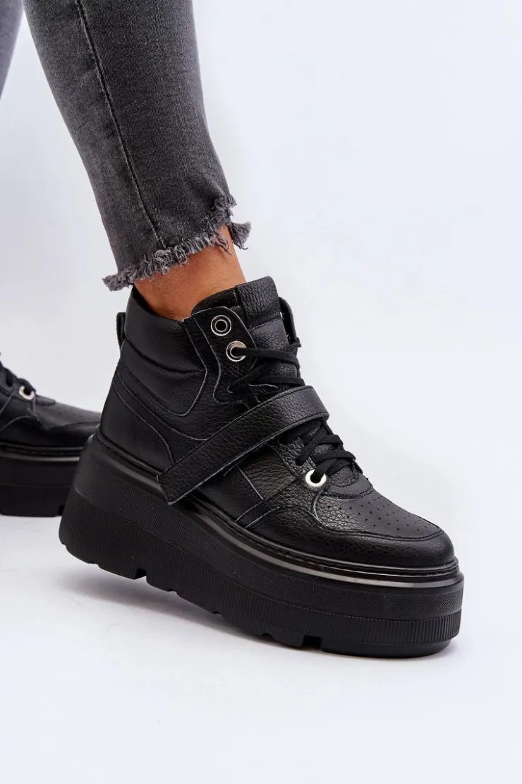 Damskie Zazoo 3450 Skórzane Sneakersy Damskie Czarne