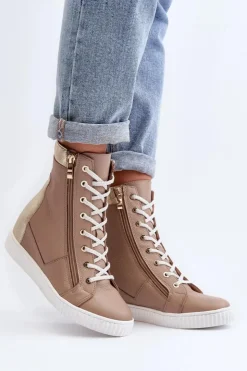 Damskie Zazoo 3081 Skórzane Trampki Damskie Na Koturnie Beżowe