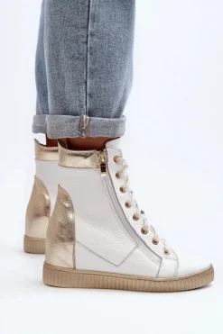Zazoo 3081 Skórzane Trampki Damskie Na Koturnie Białe