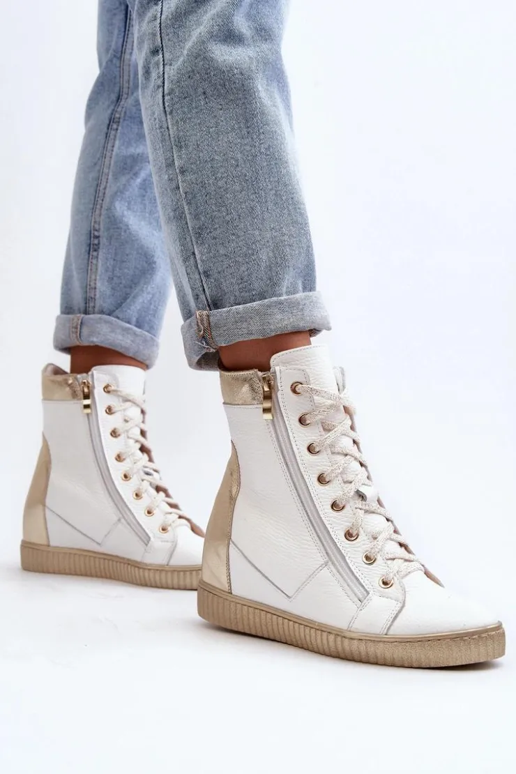 Zazoo 3081 Skórzane Trampki Damskie Na Koturnie Białe