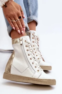 Zazoo 3081 Skórzane Trampki Damskie Na Koturnie Białe