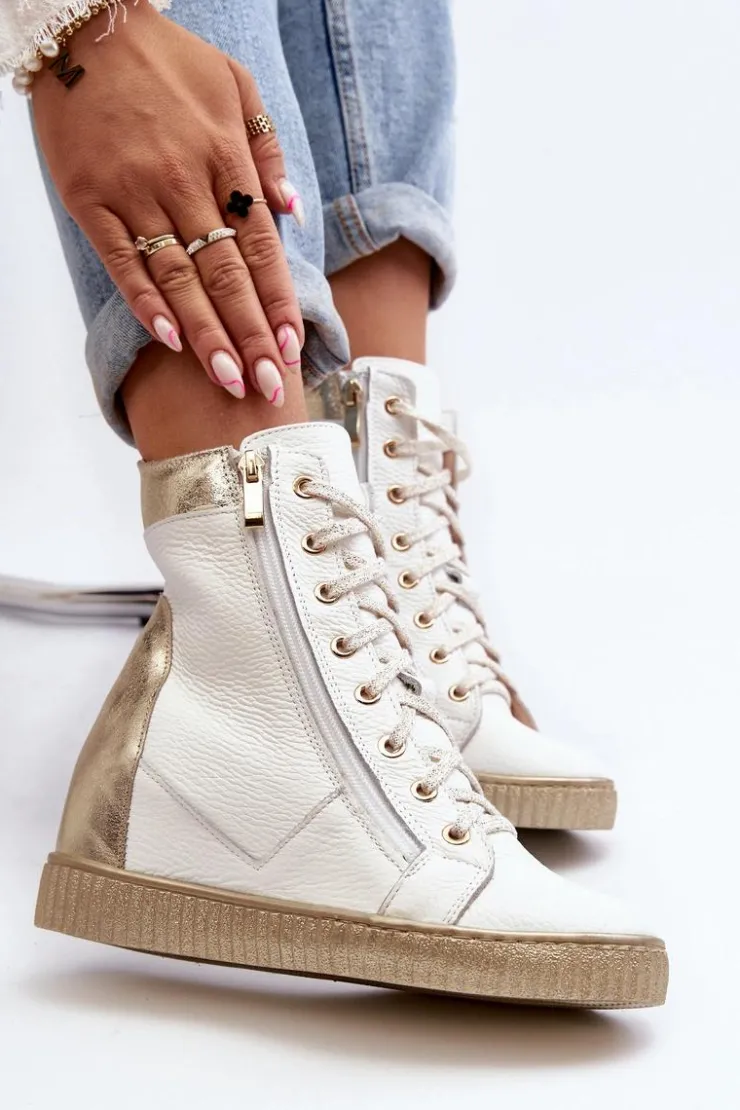 Zazoo 3081 Skórzane Trampki Damskie Na Koturnie Białe