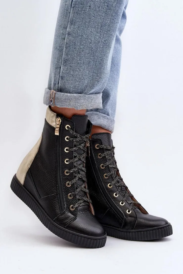 Hot Zazoo 3081 Skórzane Trampki Damskie Na Koturnie Czarne Czarny