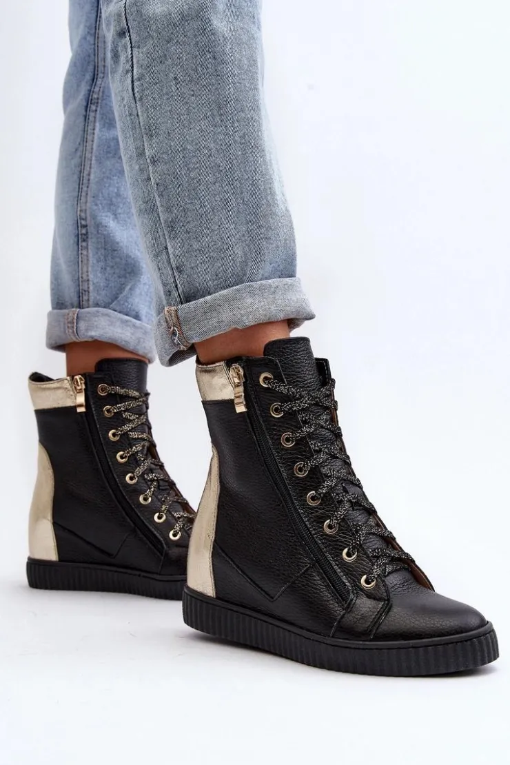 Hot Zazoo 3081 Skórzane Trampki Damskie Na Koturnie Czarne Czarny