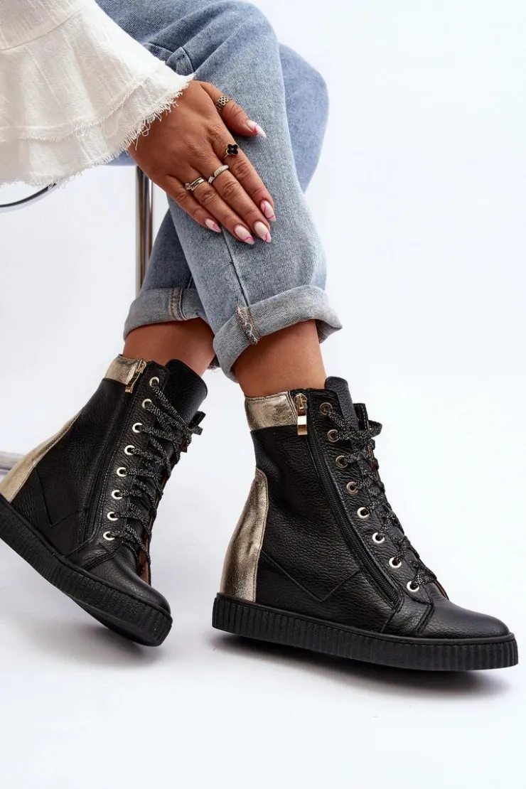 Hot Zazoo 3081 Skórzane Trampki Damskie Na Koturnie Czarne Czarny