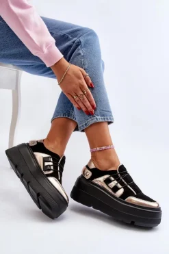 New Zazoo 1833 Sneakersy Damskie Skórzane Na Masywnej Podeszwie Czarne