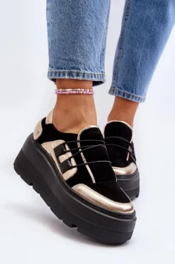 New Zazoo 1833 Sneakersy Damskie Skórzane Na Masywnej Podeszwie Czarne