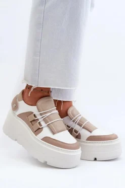 Zazoo Buty Sportowe Na Platformie*1833 Sneakersy Damskie Skórzane Na Masywnej Podeszwie Beżowo-Białe Beżowy