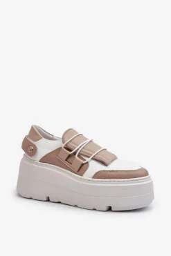 Zazoo Buty Sportowe Na Platformie*1833 Sneakersy Damskie Skórzane Na Masywnej Podeszwie Beżowo-Białe Beżowy
