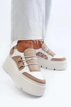Zazoo Buty Sportowe Na Platformie*1833 Sneakersy Damskie Skórzane Na Masywnej Podeszwie Beżowo-Białe Beżowy