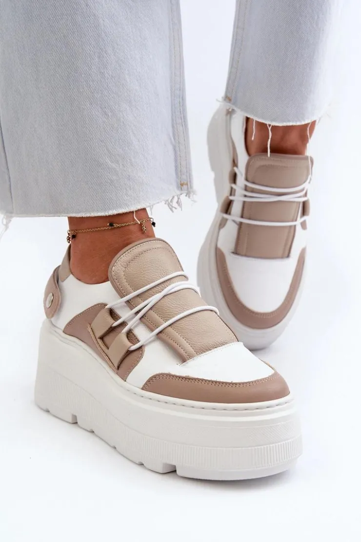 Zazoo Buty Sportowe Na Platformie*1833 Sneakersy Damskie Skórzane Na Masywnej Podeszwie Beżowo-Białe Beżowy