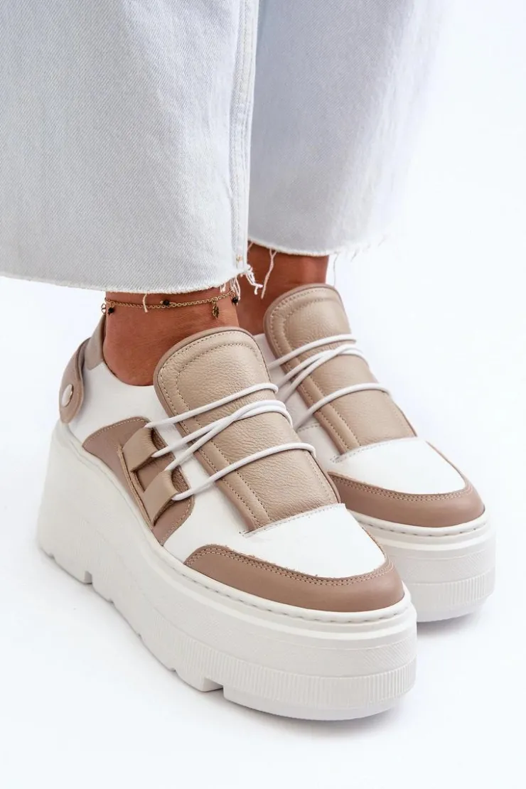 Zazoo Buty Sportowe Na Platformie*1833 Sneakersy Damskie Skórzane Na Masywnej Podeszwie Beżowo-Białe Beżowy