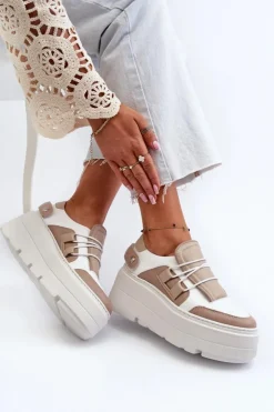 Zazoo Buty Sportowe Na Platformie*1833 Sneakersy Damskie Skórzane Na Masywnej Podeszwie Beżowo-Białe Beżowy