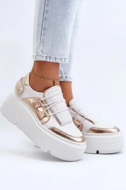 Zazoo Buty Sportowe Na Platformie*1833 Sneakersy Damskie Skórzane Na Masywnej Podeszwie Biało-Złote