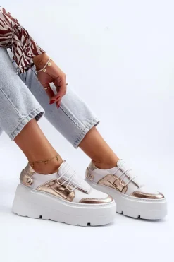 Zazoo Buty Sportowe Na Platformie*1833 Sneakersy Damskie Skórzane Na Masywnej Podeszwie Biało-Złote
