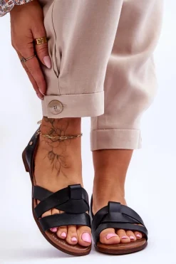 Zazoo Sandały Płaskie*40185 Wygodne Skórzane Wsuwane Sandały Czarne Czarny