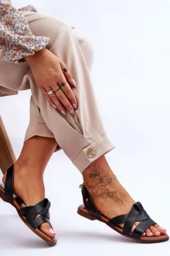 Zazoo Sandały Płaskie*40185 Wygodne Skórzane Wsuwane Sandały Czarne Czarny