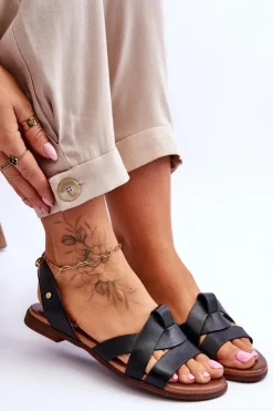 Zazoo Sandały Płaskie*40185 Wygodne Skórzane Wsuwane Sandały Czarne Czarny