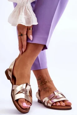 Zazoo 40185 Wygodne Skórzane Wsuwane Sandały Złote Złoty