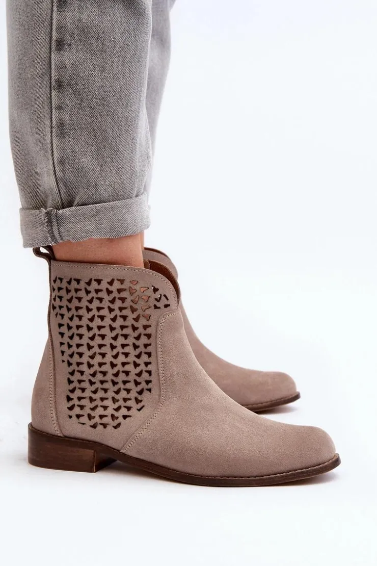 Zazoo Botki Wiosenne|Botki Skórzane*2791 Zamszowe Ażurowe Botki Beżowe