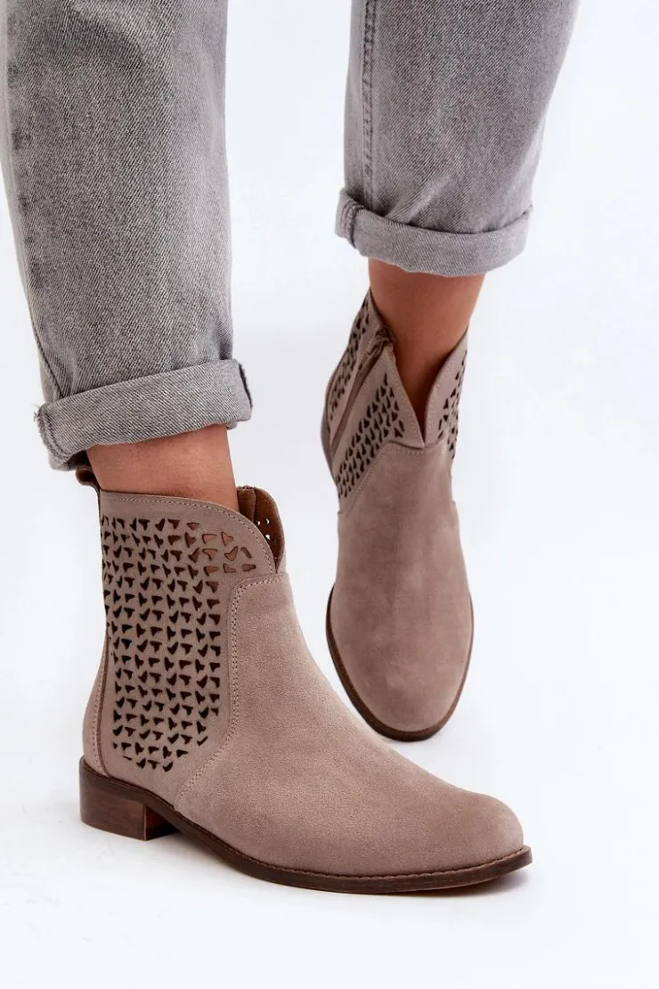 Zazoo Botki Wiosenne|Botki Skórzane*2791 Zamszowe Ażurowe Botki Beżowe
