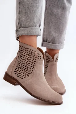 Zazoo Botki Wiosenne|Botki Skórzane*2791 Zamszowe Ażurowe Botki Beżowe