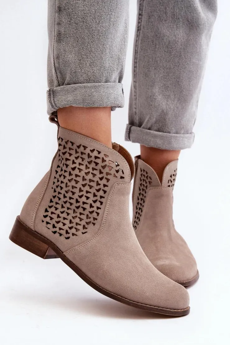 Zazoo Botki Wiosenne|Botki Skórzane*2791 Zamszowe Ażurowe Botki Beżowe