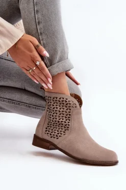 Zazoo Botki Wiosenne|Botki Skórzane*2791 Zamszowe Ażurowe Botki Beżowe