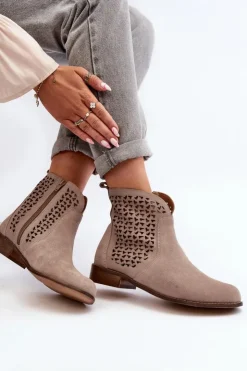 Zazoo Botki Wiosenne|Botki Skórzane*2791 Zamszowe Ażurowe Botki Beżowe