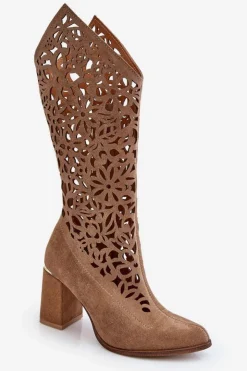 Best Zazoo 3234 Zamszowe Ażurowe Kozaki Ciemnobeżowe
