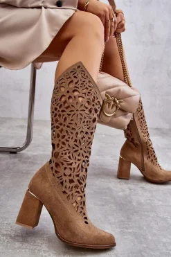 Best Zazoo 3234 Zamszowe Ażurowe Kozaki Ciemnobeżowe