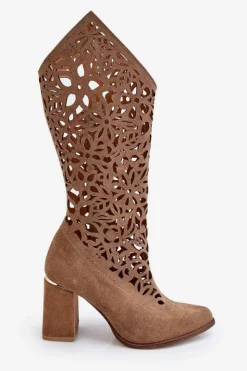 Best Zazoo 3234 Zamszowe Ażurowe Kozaki Ciemnobeżowe