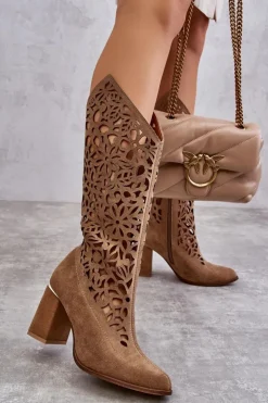 Best Zazoo 3234 Zamszowe Ażurowe Kozaki Ciemnobeżowe