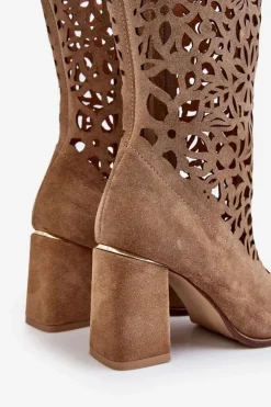 Best Zazoo 3234 Zamszowe Ażurowe Kozaki Ciemnobeżowe