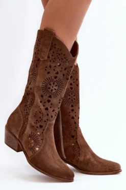 Damskie Boto Zazoo 3396 Zamszowe Ażurowe Kozaki Do Połowy Łydki Brązowe