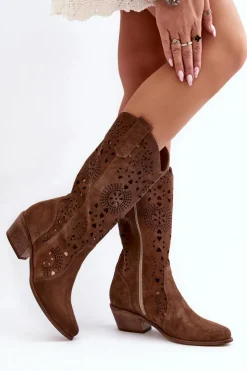 Damskie Boto Zazoo 3396 Zamszowe Ażurowe Kozaki Do Połowy Łydki Brązowe